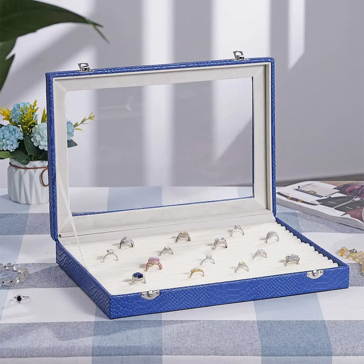 Royal Blue Dragon Skin Pattern Faux Leather 150 Slot Ring Box with Glass Window image number 1