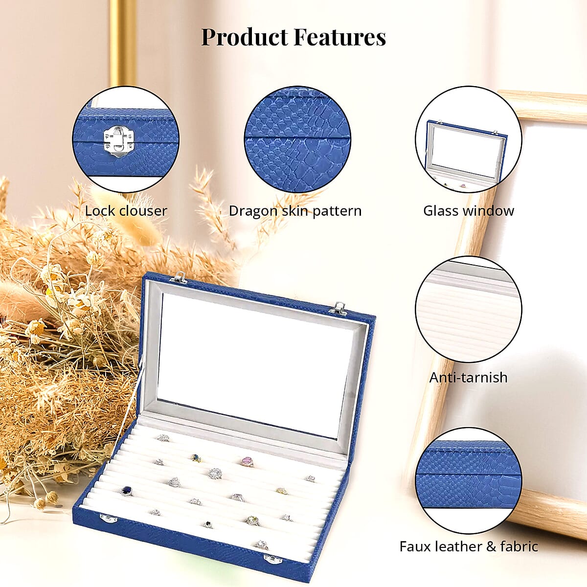 Royal Blue Dragon Skin Pattern Faux Leather 150 Slot Ring Box with Glass Window image number 2