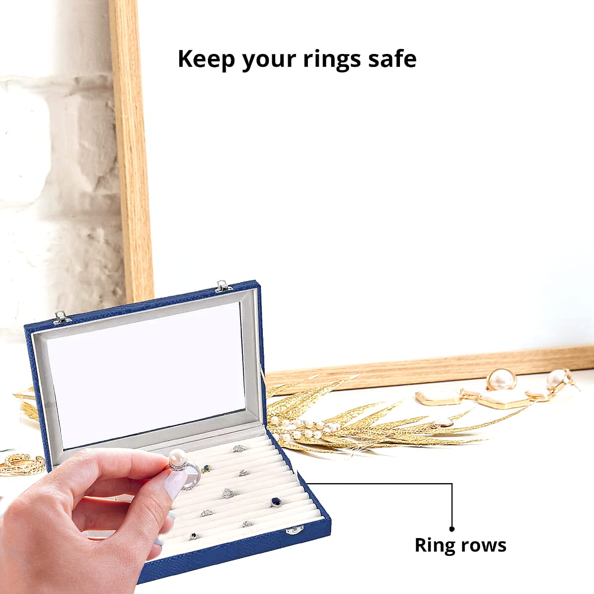 Royal Blue Dragon Skin Pattern Faux Leather 150 Slot Ring Box with Glass Window image number 3