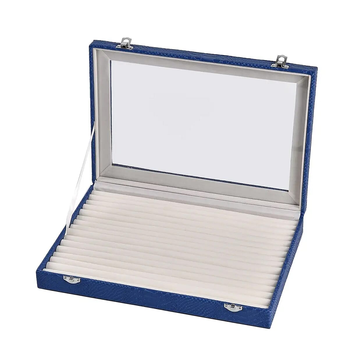 Royal Blue Dragon Skin Pattern Faux Leather 150 Slot Ring Box with Glass Window image number 6