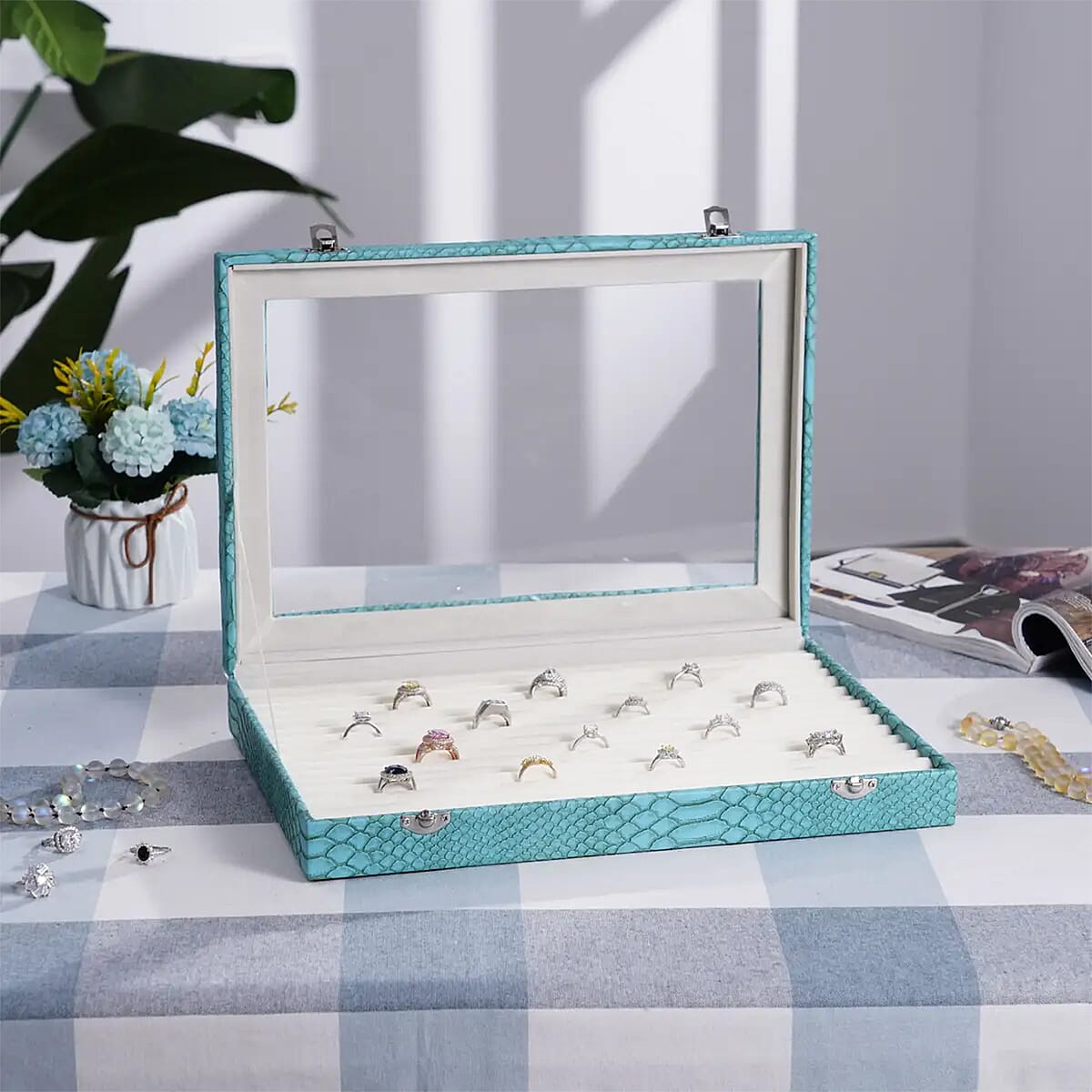 Turquoise Dragon Skin Pattern Faux Leather 150 Slot Ring Box with Glass Window image number 1