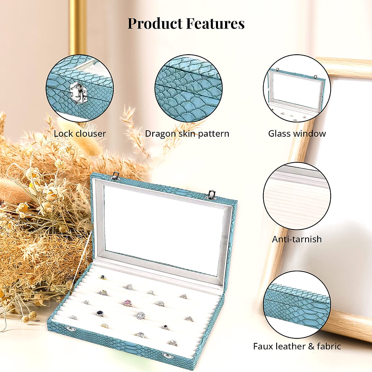 Turquoise Dragon Skin Pattern Faux Leather 150 Slot Ring Box with Glass Window image number 2