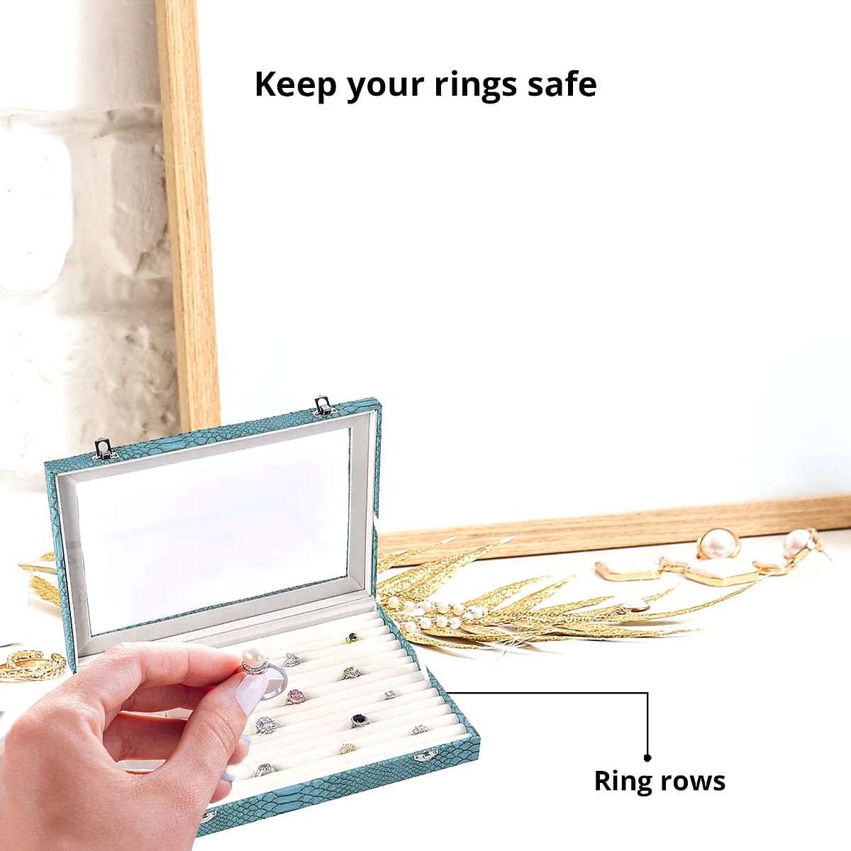 Turquoise Dragon Skin Pattern Faux Leather 150 Slot Ring Box with Glass Window image number 3