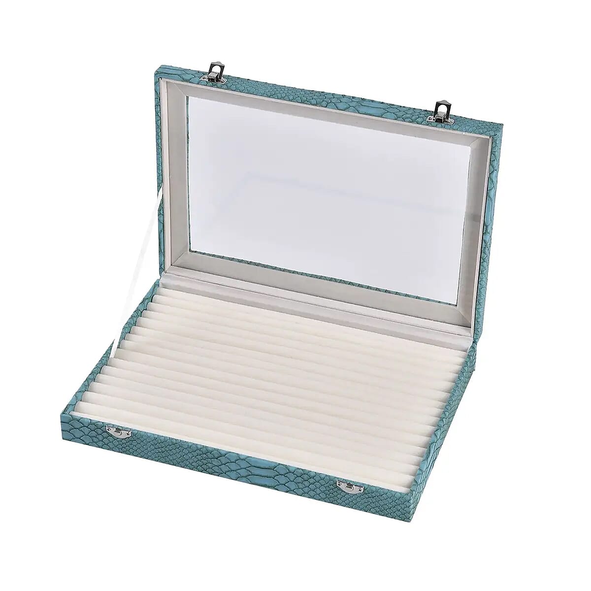 Turquoise Dragon Skin Pattern Faux Leather 150 Slot Ring Box with Glass Window image number 6