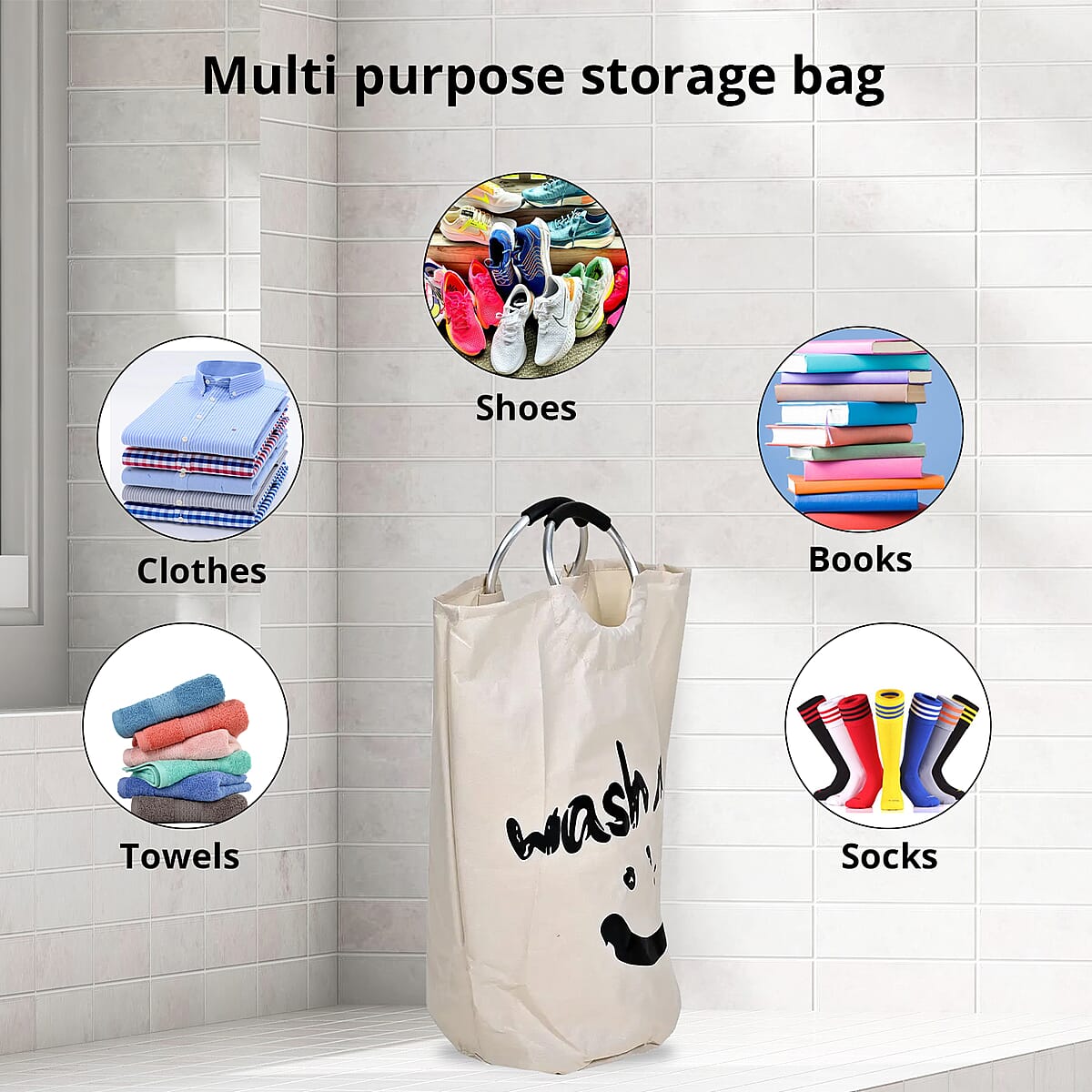 Beige Laundry Bag with Aluminum Handle image number 3