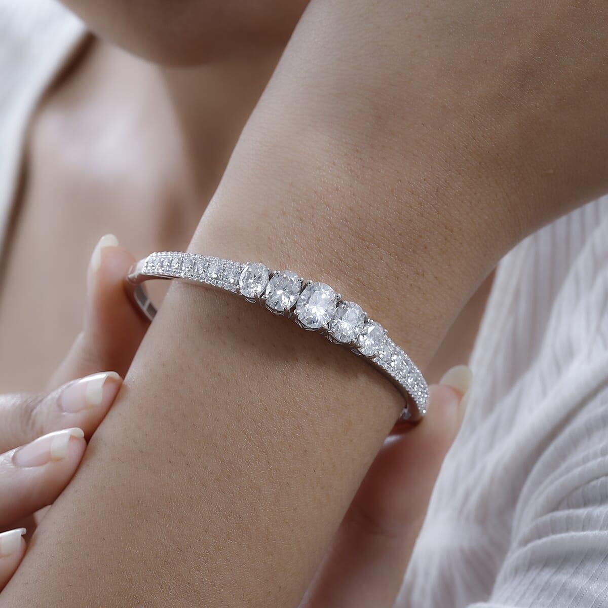 Moissanite (Ovl 9x7mm) Bangle Bracelet in Platinum Over Sterling Silver (6.50 In) 7.90 ctw image number 2