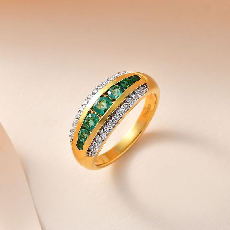 Emerald and Moissanite Ring in Vermeil Yellow Gold Over Sterling Silver (Size 6.0) 0.75 ctw