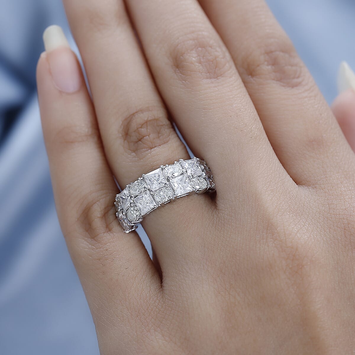 Moissanite Mixed Shapes 2 Row Band Ring in Platinum Over Sterling Silver (Size 7.0) 3.65 ctw image number 2