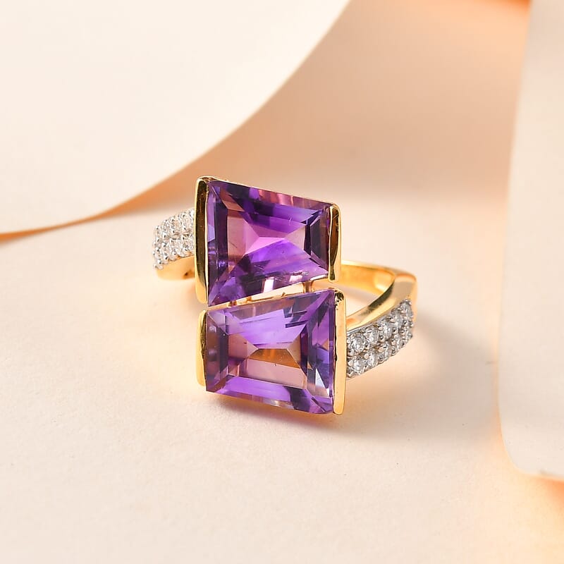 African Amethyst and Moissanite Snake Inspired Bypass Statement Cocktail Ring in Vermeil Yellow Gold Over Sterling Silver (Size 6.0) 7.40 ctw