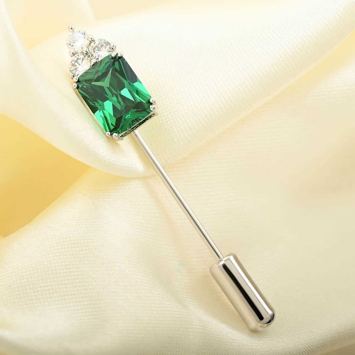 Emerald Cut Simulated Green and White Diamond Barpin in Silvertone 2.35 ctw image number 1