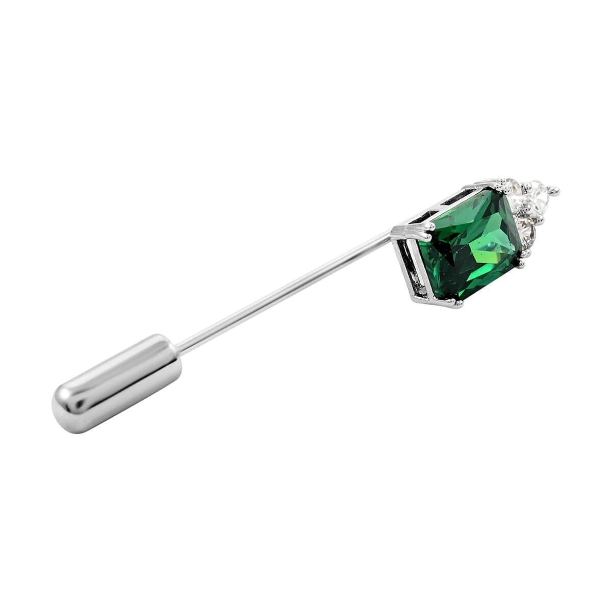 Emerald Cut Simulated Green and White Diamond Barpin in Silvertone 2.35 ctw image number 2