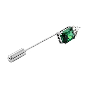 Emerald Cut Simulated Green and White Diamond Barpin in Silvertone 2.35 ctw