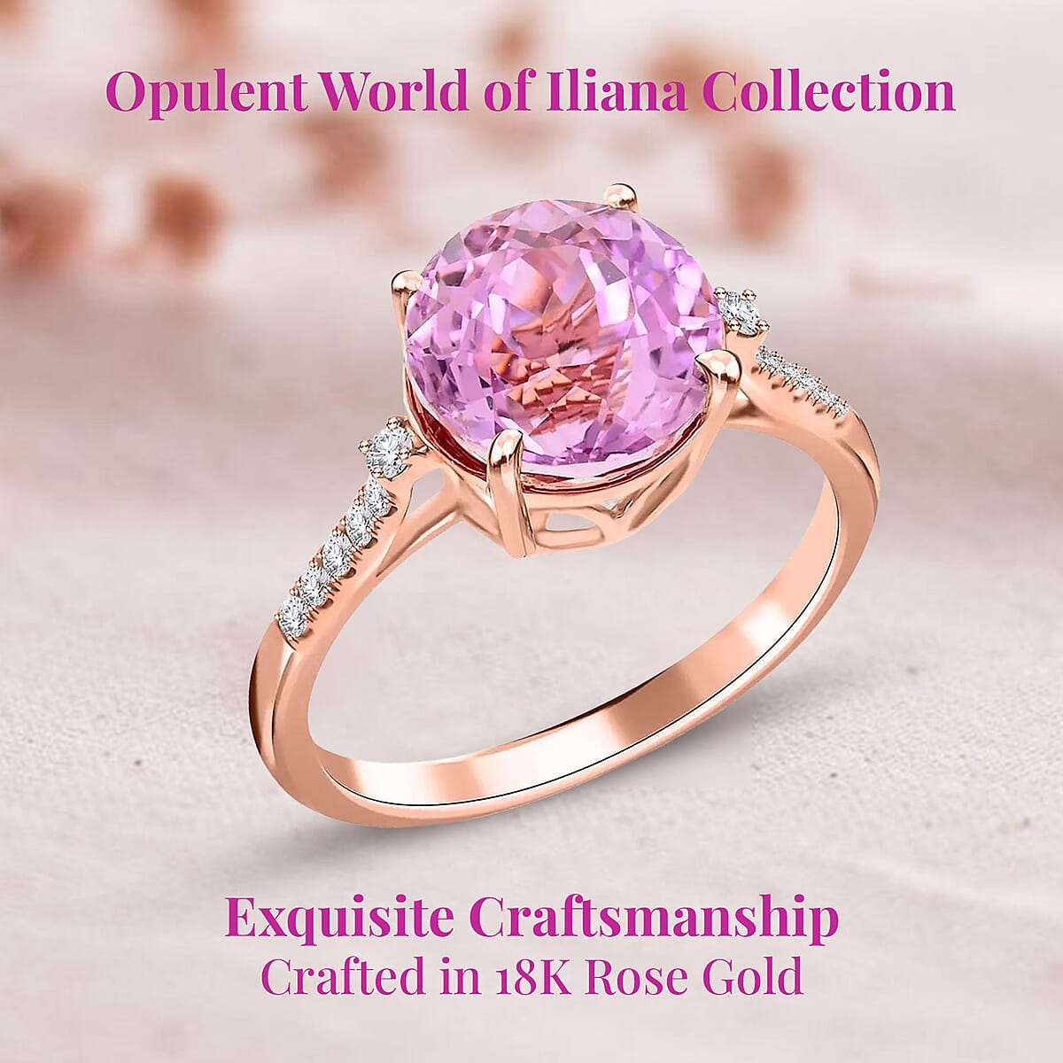 Certified & Appraised Iliana AAAA Patroke Kunzite and G-H SI Diamond 3.85 ctw Ring in 18K Rose Gold (Size 9.0) image number 3
