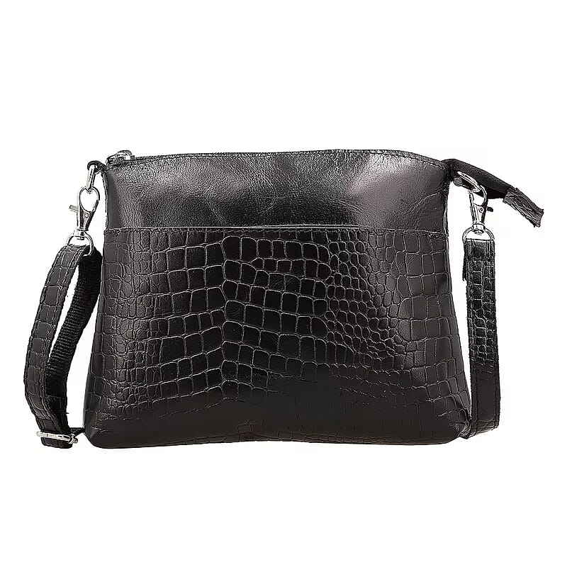 Black Croco Embossed Genuine Leather Crossbody Sling Bag