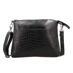 Black Croco Embossed Genuine Leather Crossbody Sling Bag
