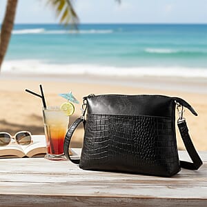 Black Croco Embossed Genuine Leather Crossbody Sling Bag