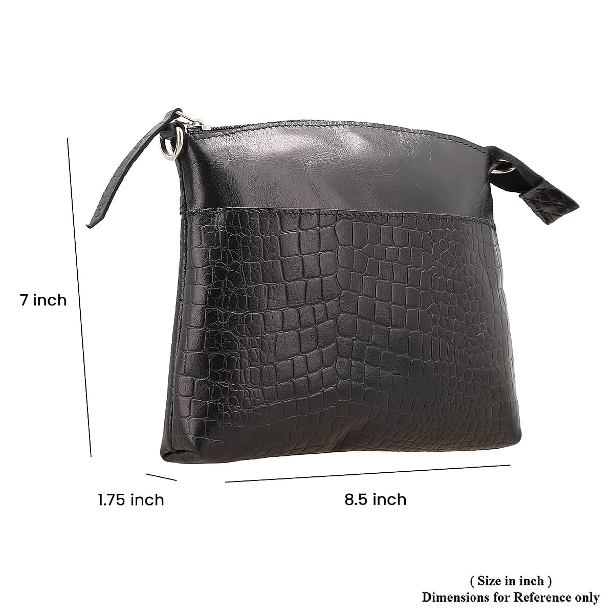 Croco Embossed 100% Genuine leather crossbody sling bag Color:Black Size:8.5 Lx1.75 Wx 7 H Inch image number 7