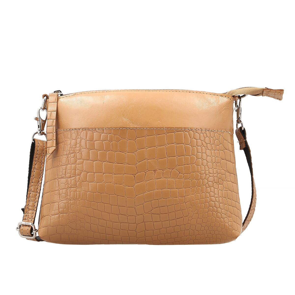 Tan Croco Embossed Genuine Leather Crossbody Sling Bag image number 0