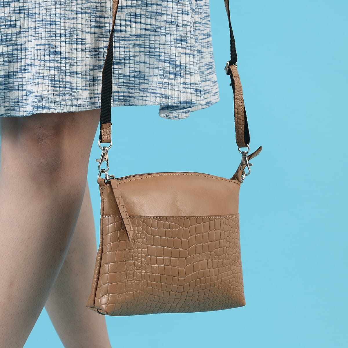 Tan Croco Embossed Genuine Leather Crossbody Sling Bag image number 2