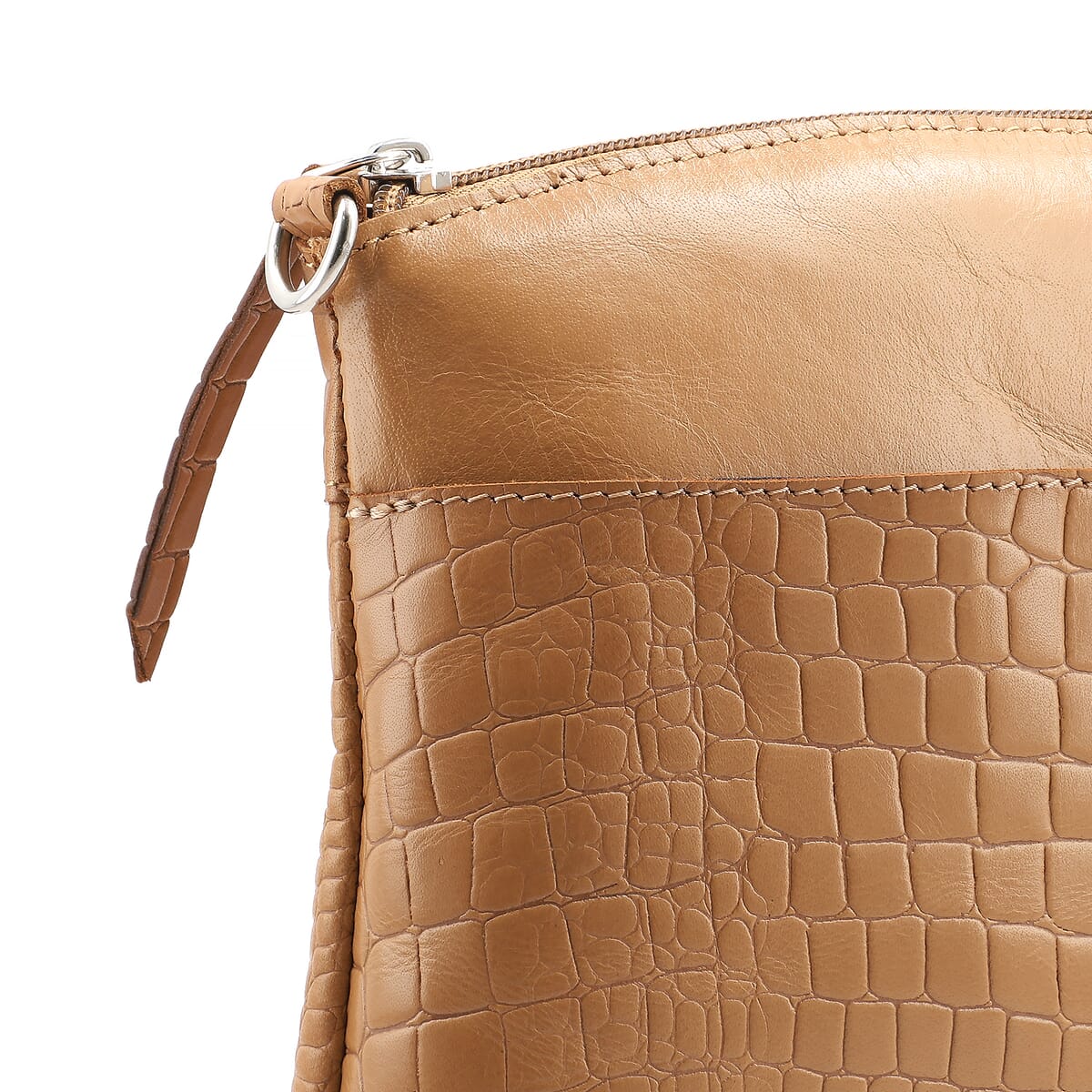 Tan Croco Embossed Genuine Leather Crossbody Sling Bag image number 5