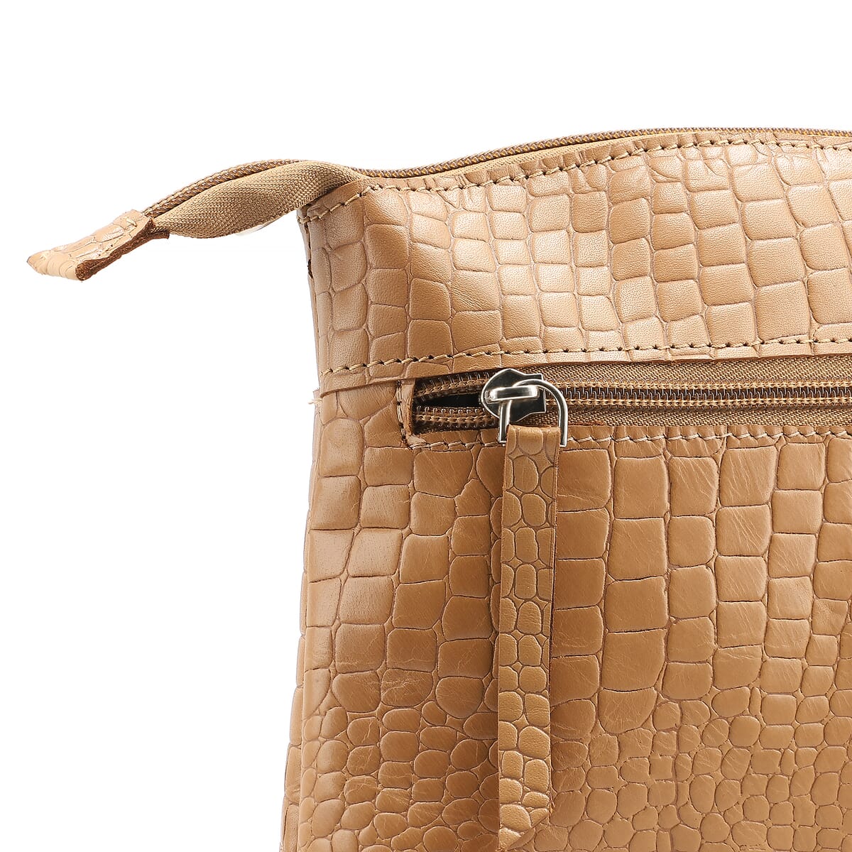 Tan Croco Embossed Genuine Leather Crossbody Sling Bag image number 6
