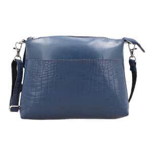 Navy Blue Croco Embossed Genuine Leather Crossbody Sling Bag