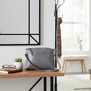 Gray Croco Embossed Genuine Leather Crossbody Sling Bag