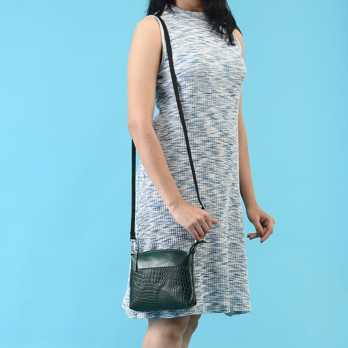 Green Croco Embossed Genuine Leather Crossbody Sling Bag image number 1