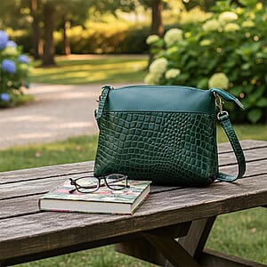 Green Croco Embossed Genuine Leather Crossbody Sling Bag