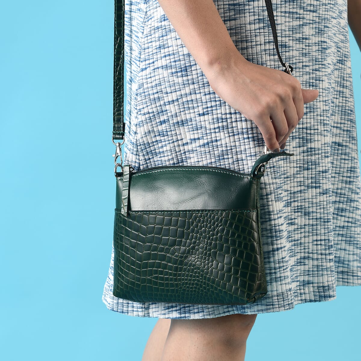 Green Croco Embossed Genuine Leather Crossbody Sling Bag image number 2