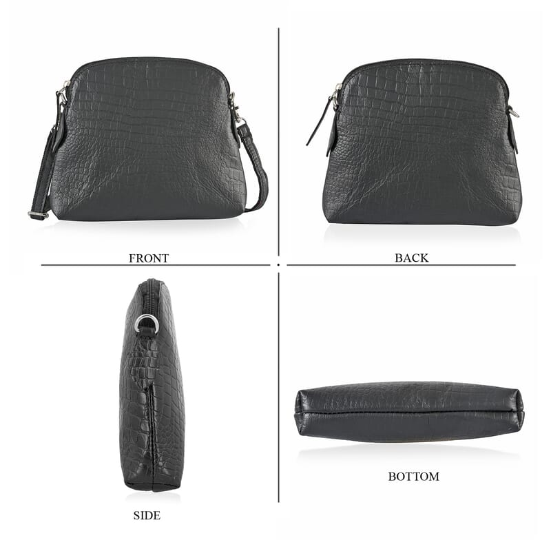 Black Croco Embossed Genuine Leather Crossbody Sling Bag