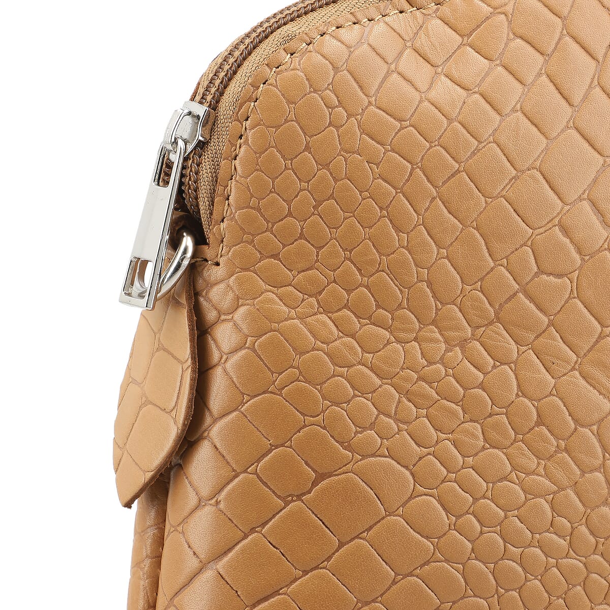 Tan Croco Embossed Genuine Leather Crossbody Sling Bag image number 6