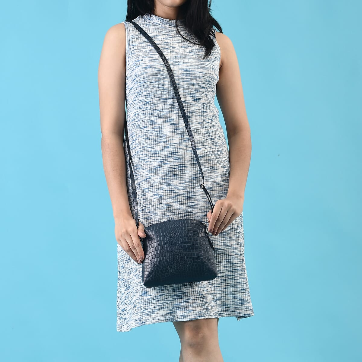 Navy Blue Croco Embossed Genuine Leather Crossbody Sling Bag image number 1