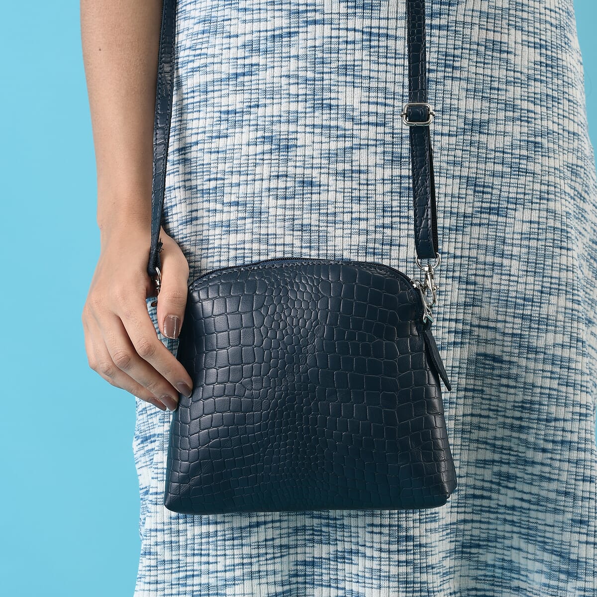 Navy Blue Croco Embossed Genuine Leather Crossbody Sling Bag image number 2