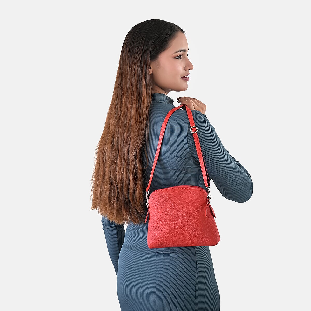 Red Croco Embossed Genuine Leather Crossbody Sling Bag image number 3