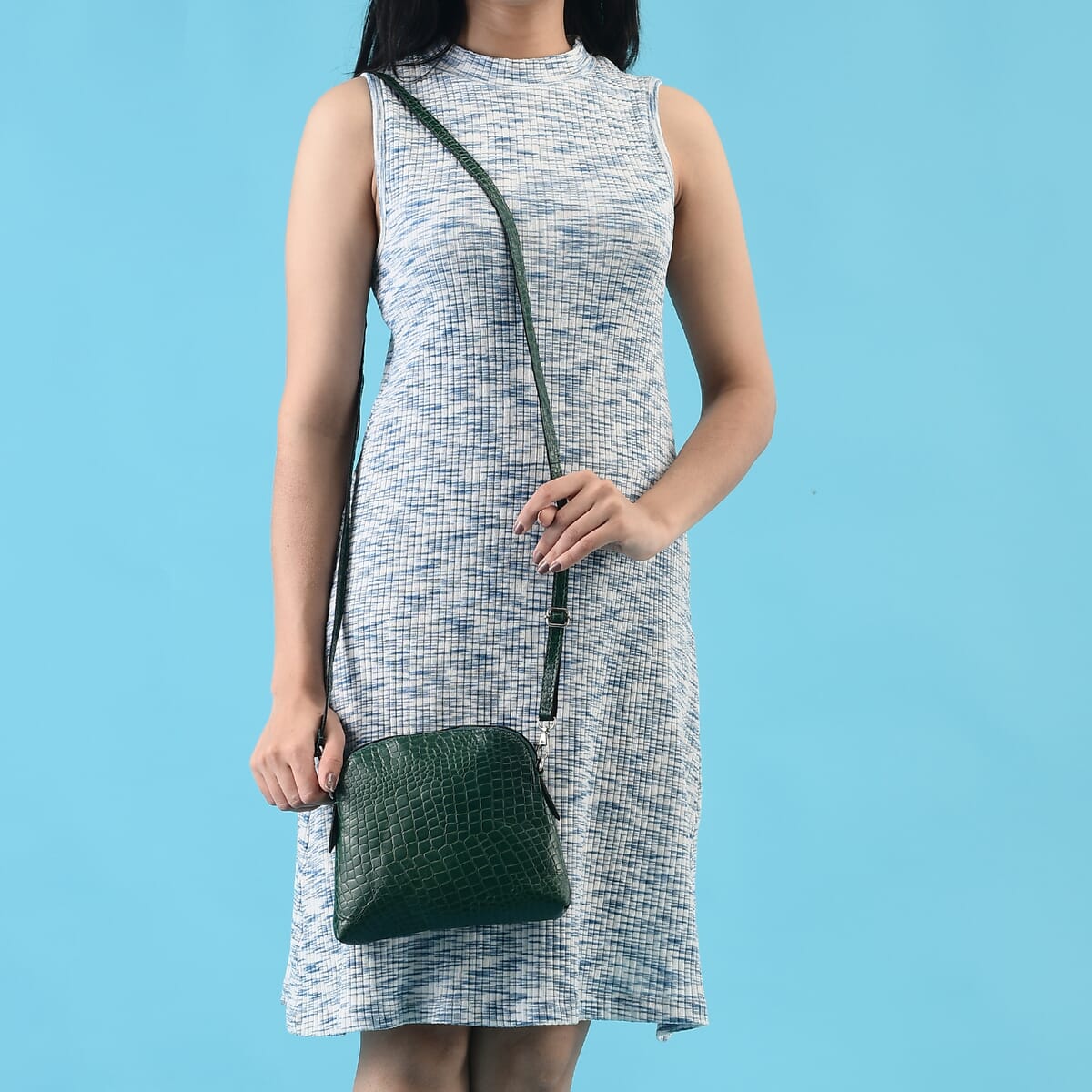 Green Croco Embossed Genuine Leather Crossbody Sling Bag image number 1