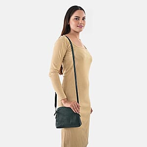 Green Croco Embossed Genuine Leather Crossbody Sling Bag