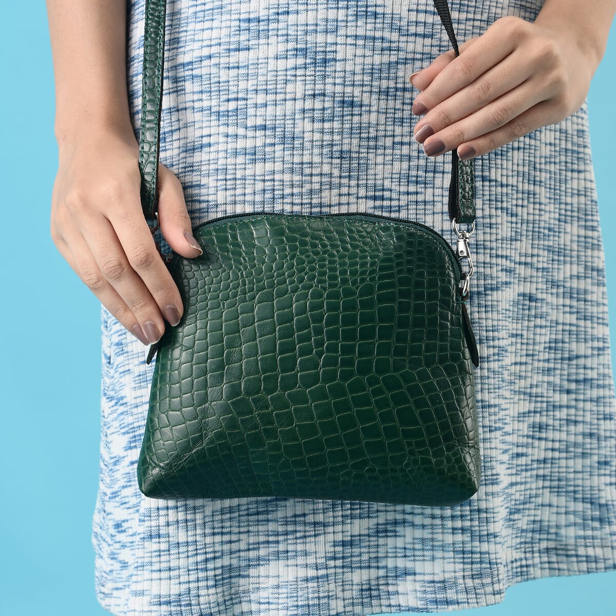 Green Croco Embossed Genuine Leather Crossbody Sling Bag image number 2