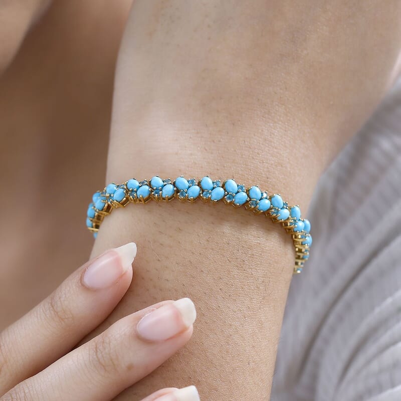 Sleeping Beauty Turquoise and Neon Apatite 15.60 ctw Bracelet in 18K Vermeil Yellow Gold Over Sterling Silver (7.50 In)