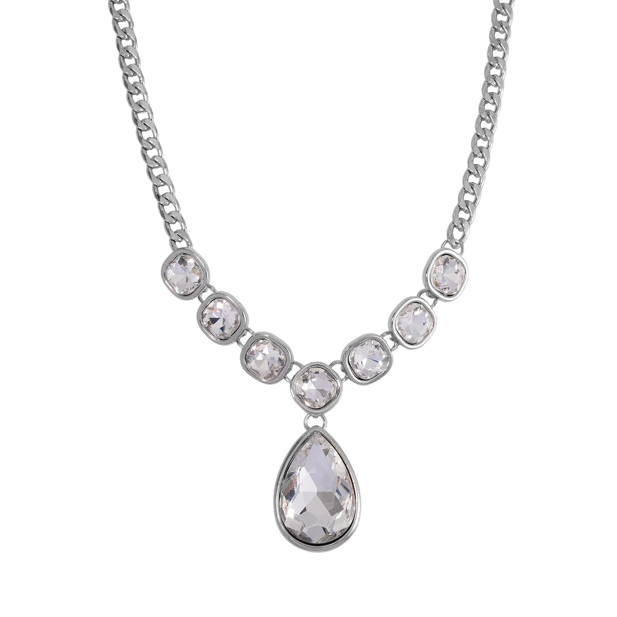 Simulated White Magic Color Quartz Drop Necklace in Silvertone 19.5-21.5Inches image number 0
