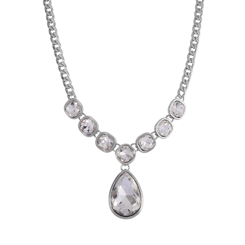 Simulated White Magic Color Quartz Drop Necklace in Silvertone 19.5-21.5Inches