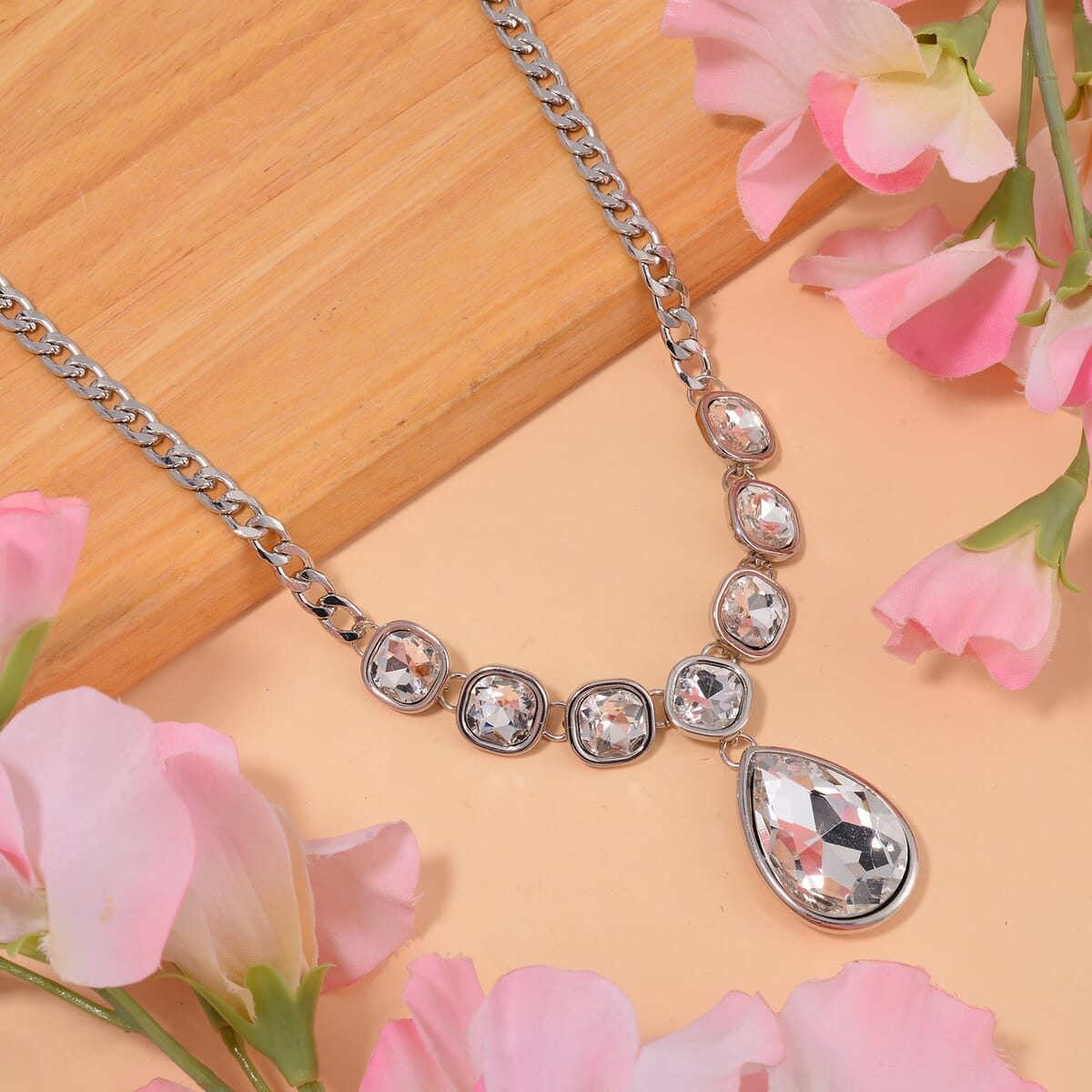 Simulated White Magic Color Quartz Drop Necklace in Silvertone 19.5-21.5Inches image number 1