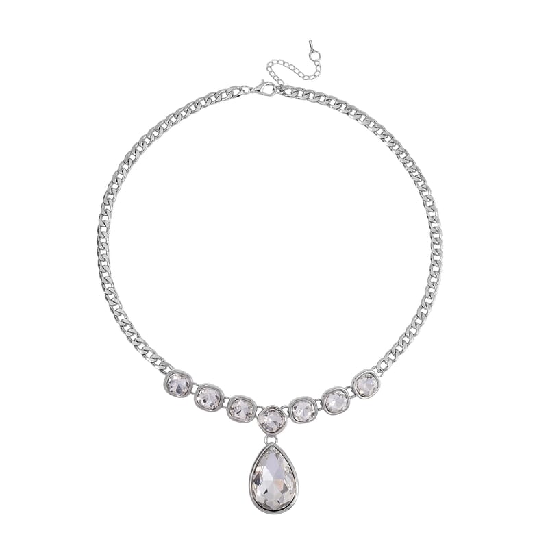 Simulated White Magic Color Quartz Drop Necklace in Silvertone 19.5-21.5Inches