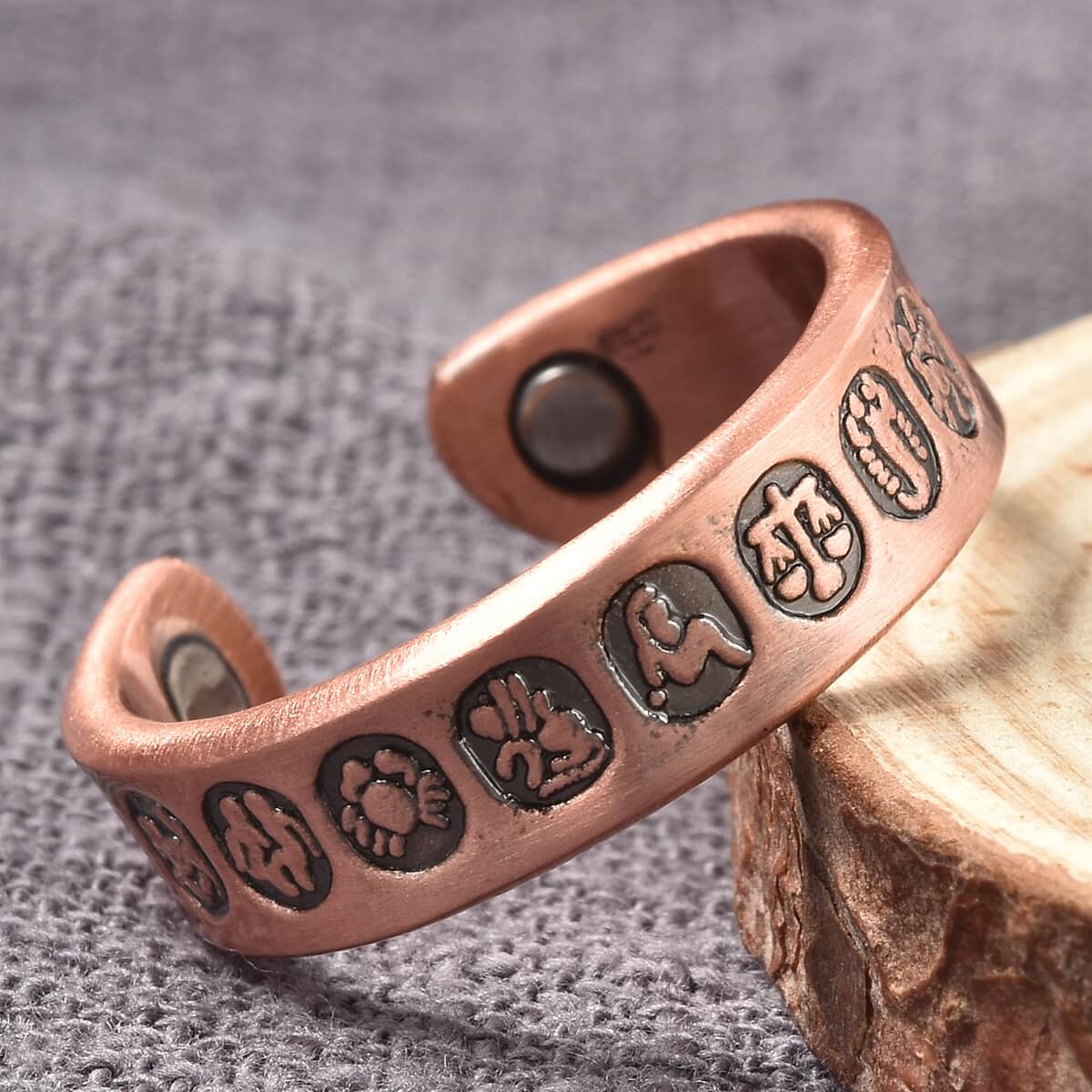 Magnetic By Design Zodiac Sign Pattern Adjustable Open Ring with Magnetic End in Rosetone image number 1