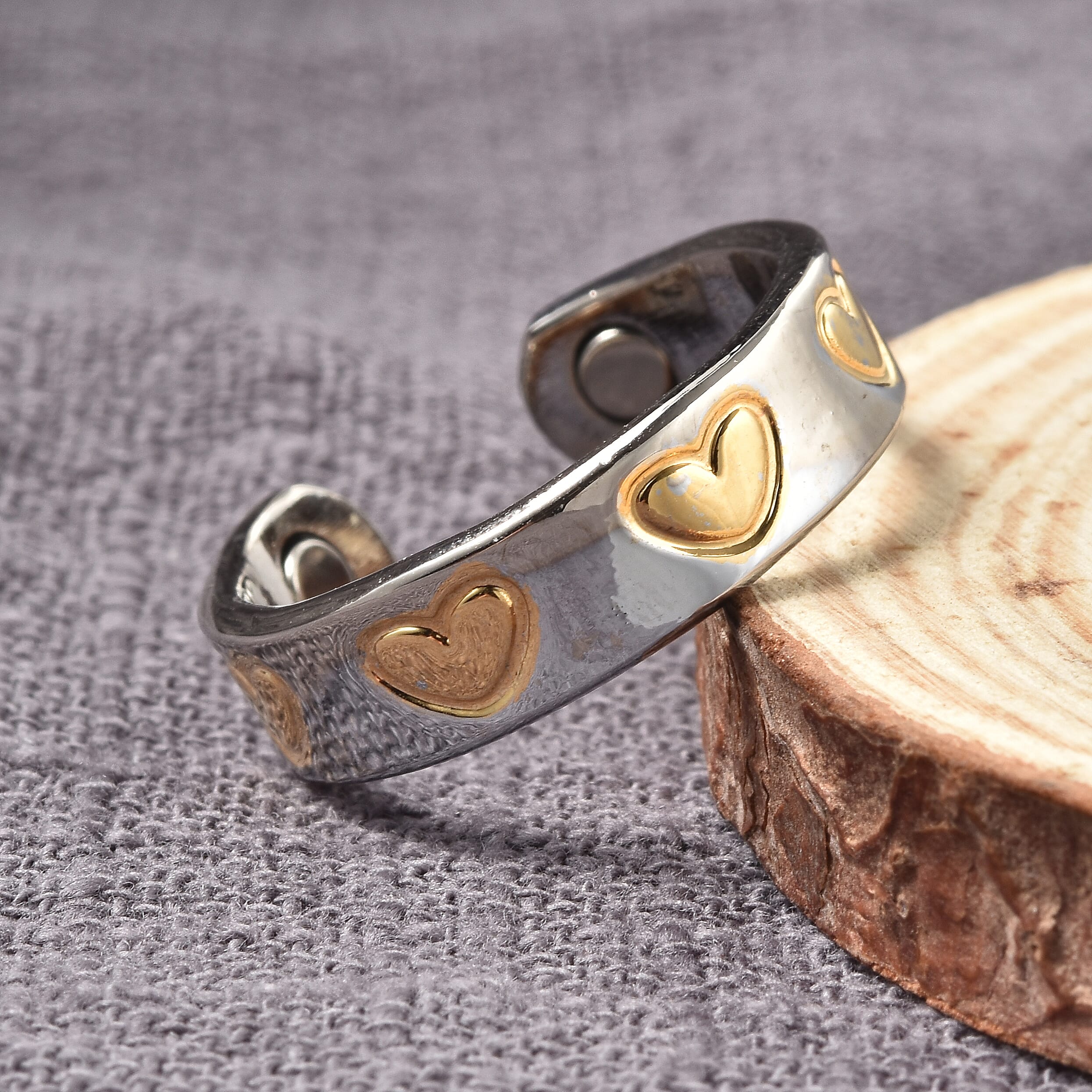 Magnetic By Design Little Hearts Adjustable Open Ring with Magnetic End in Dualtone