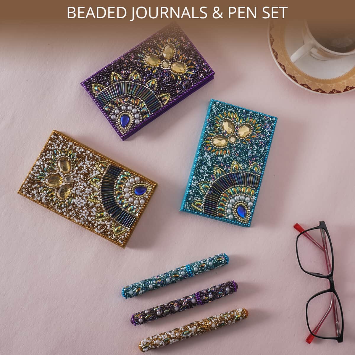 Set of 3 Multi Color Simulated Pearls and Beaded Journals (5"x3") and Matching Pen (5.5") image number 1