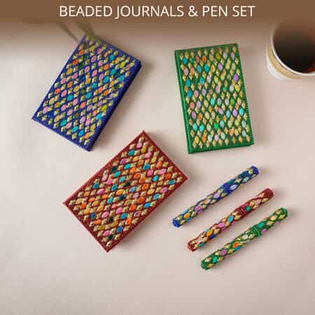 Set of 3 Purple, Green and Red Simulated Pearls, Beaded Journals and Matching Pen image number 1
