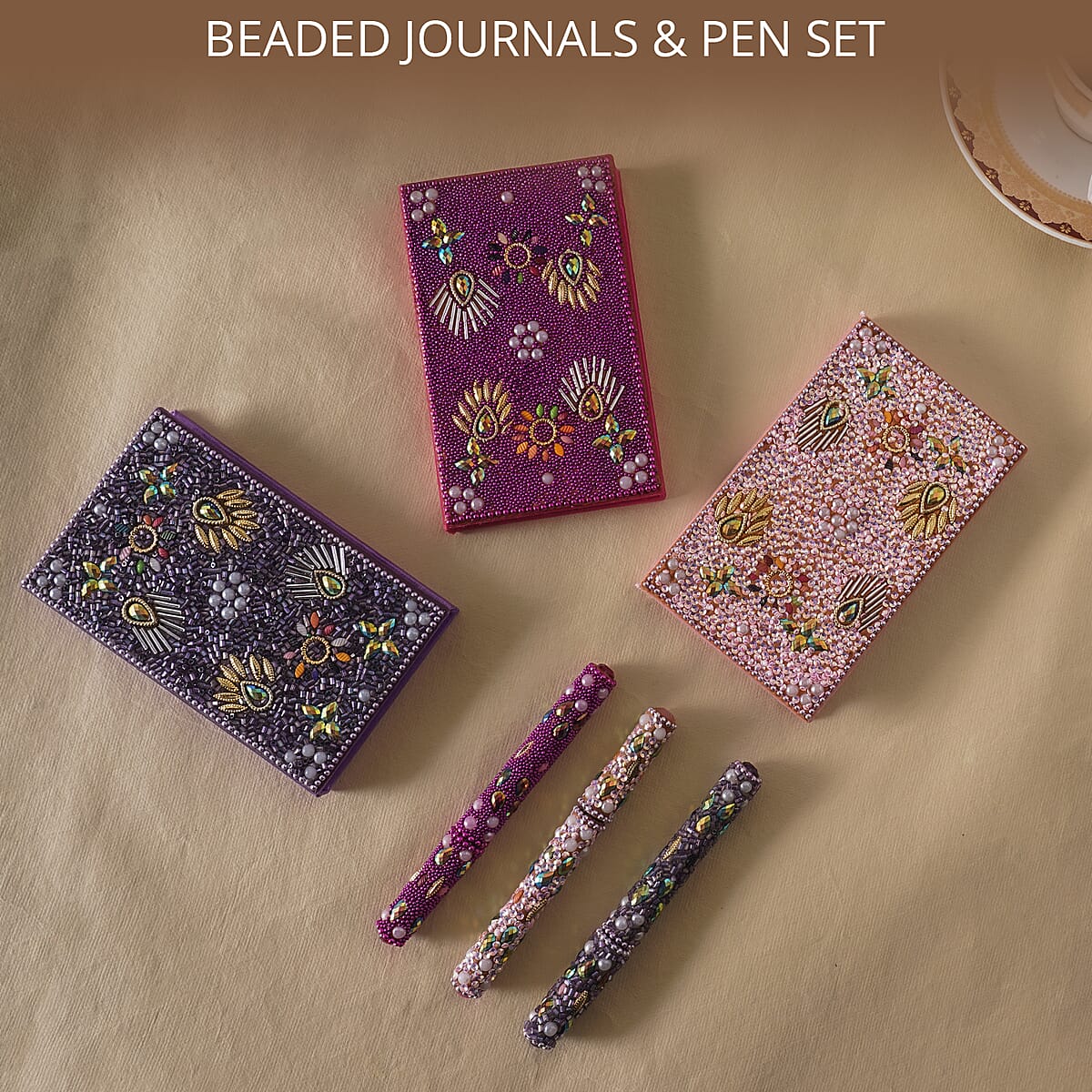 Set of 3 Multi Color Simulated Pearls, Beaded Journals and Matching Pen image number 1