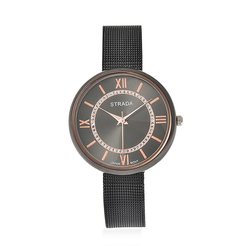 Strada Japanese Movement Watch with ION Plated Black Stainless Steel Mesh Strap (36mm) (5.00-7.00 Inches)