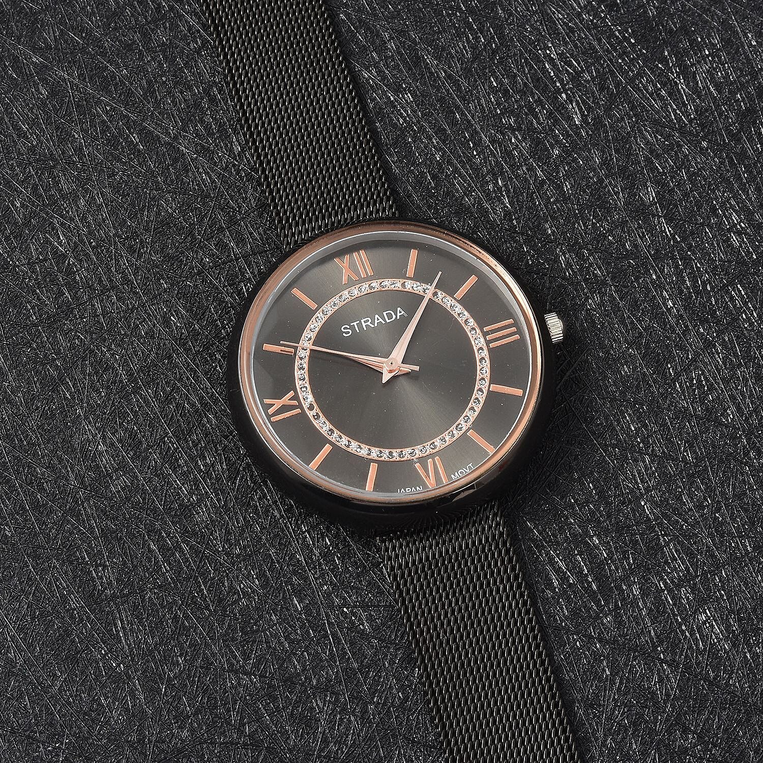 Strada Japanese Movement Watch with ION Plated Black Stainless Steel Mesh Strap (36mm) (5.00-7.00 Inches)